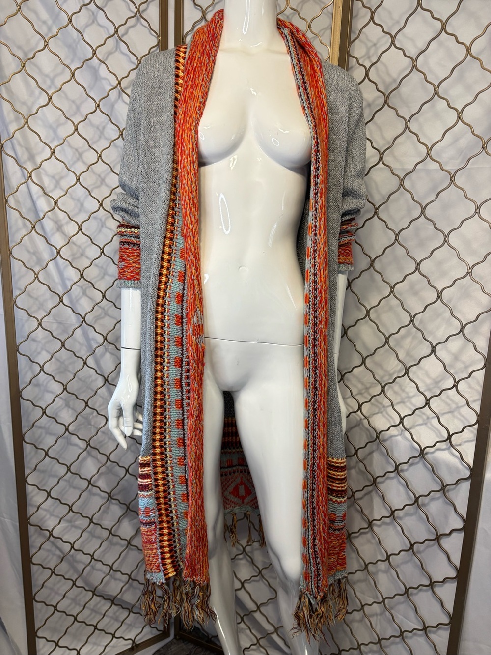 Open-Front Cardigan with Orange Multicolor Trim Sz L/XL Boho Western Vintage